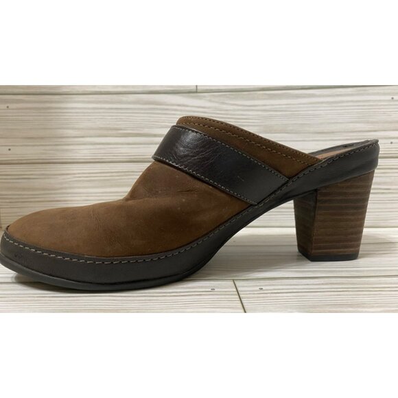Clarks Artisan Brown Leather Heeled Mules 7.5M Platform Shoes 2" Chunky - Picture 8 of 11